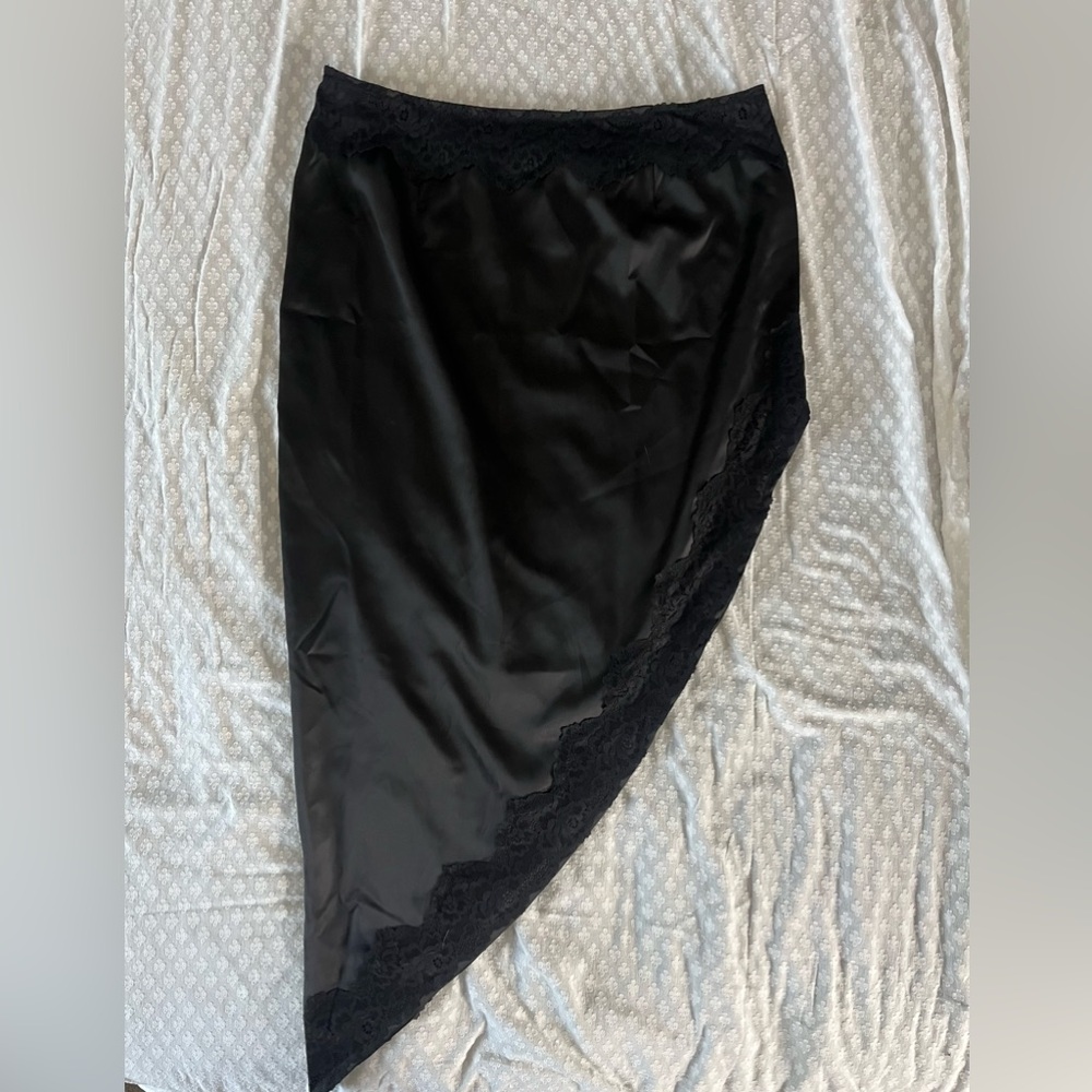 Asymmetrical black satin lace skirt